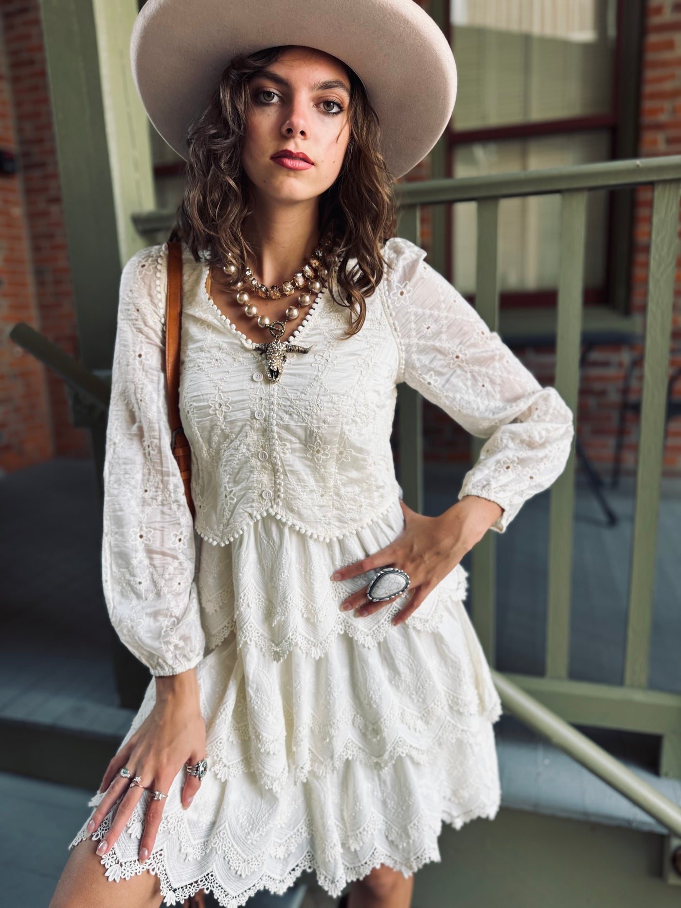 Tiered Scallop Embroidered Mini Dress-Ivory