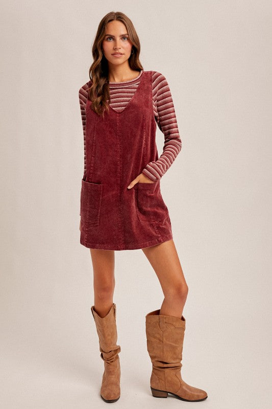 Corduroy Pinafore Overall Dress- Raspberry