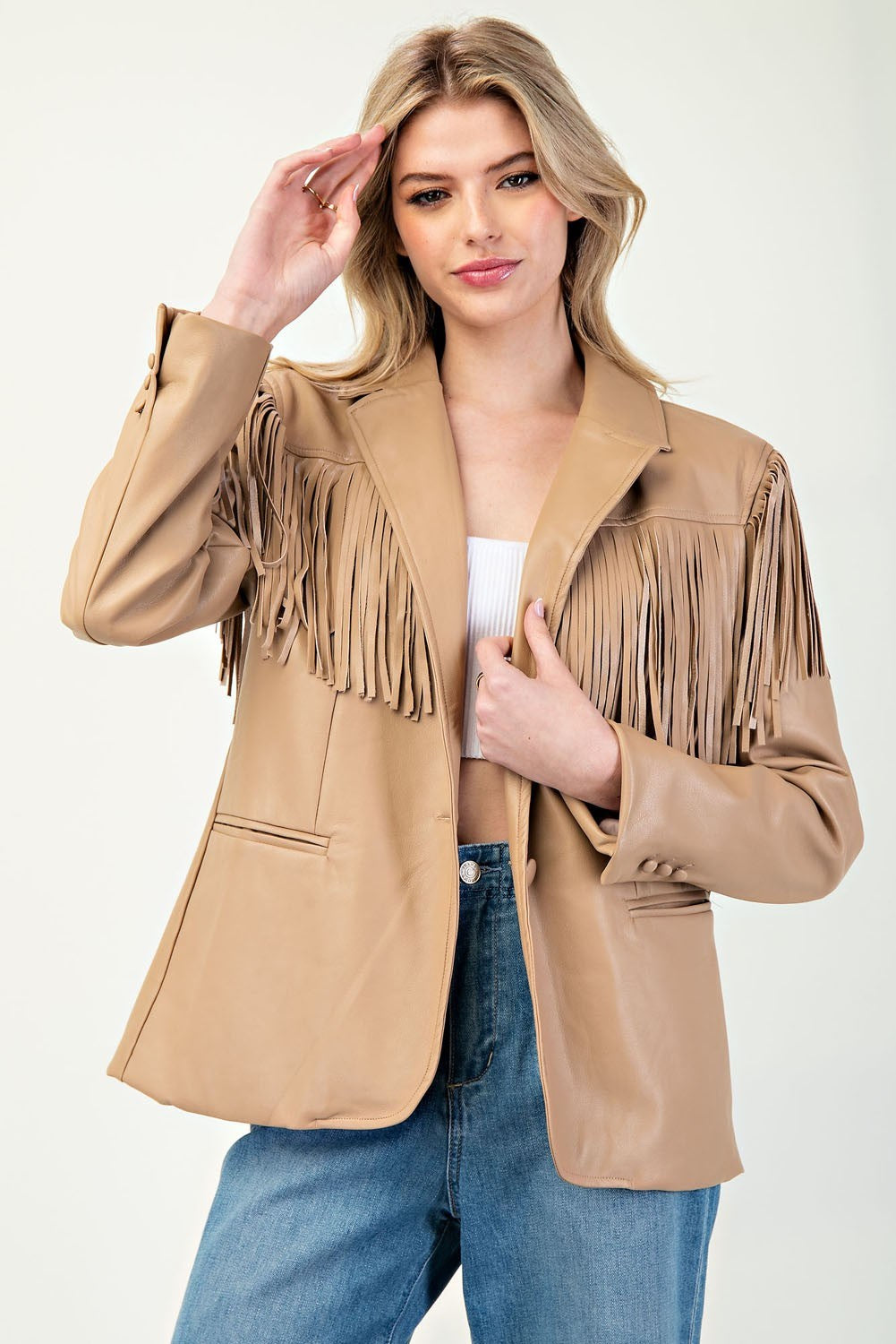 Fringe Leather Collar Blazer - Taupe