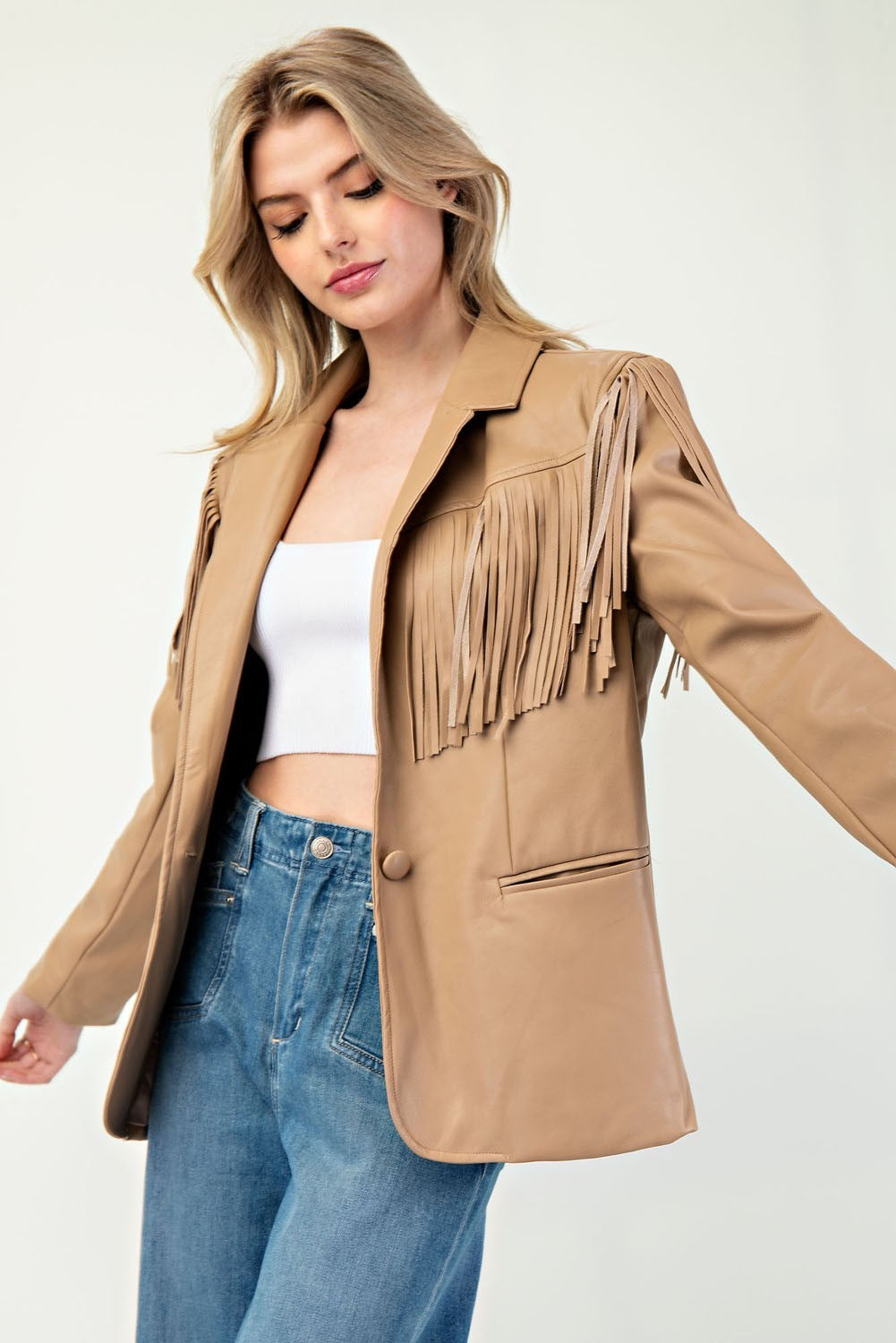 Fringe Leather Collar Blazer - Taupe