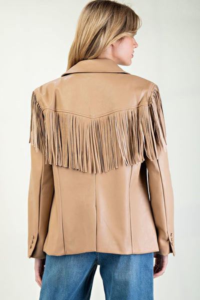 Fringe Leather Collar Blazer - Taupe