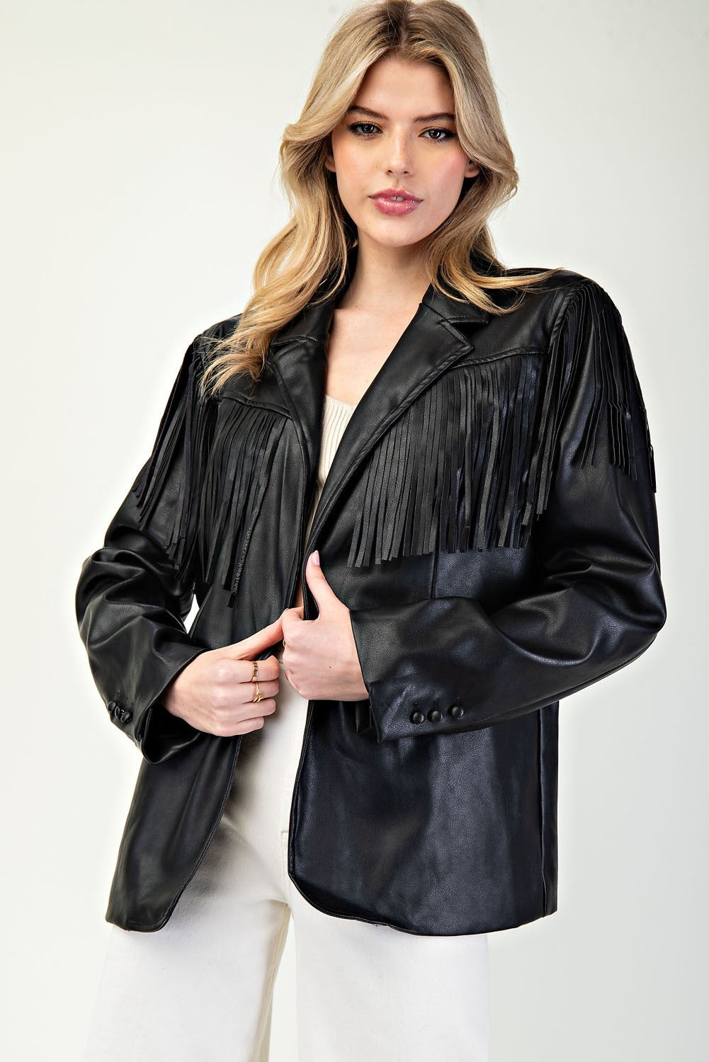 Fringe Leather Collar Blazer - Black