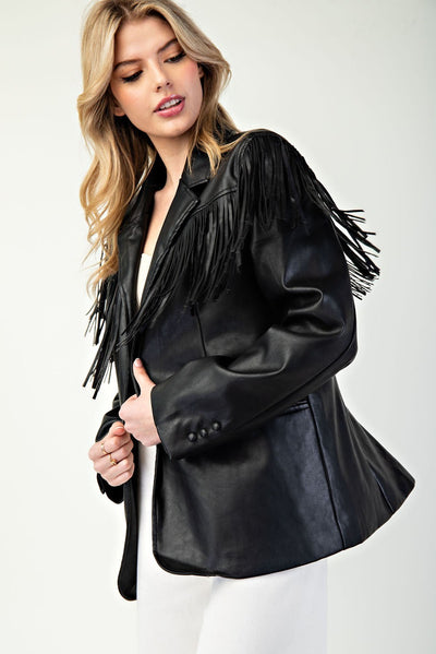Fringe Leather Collar Blazer - Black