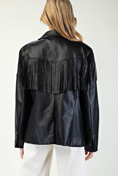 Fringe Leather Collar Blazer - Black
