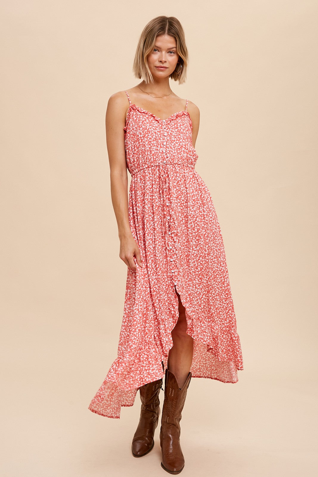 Coral Red Floral Cami Dress