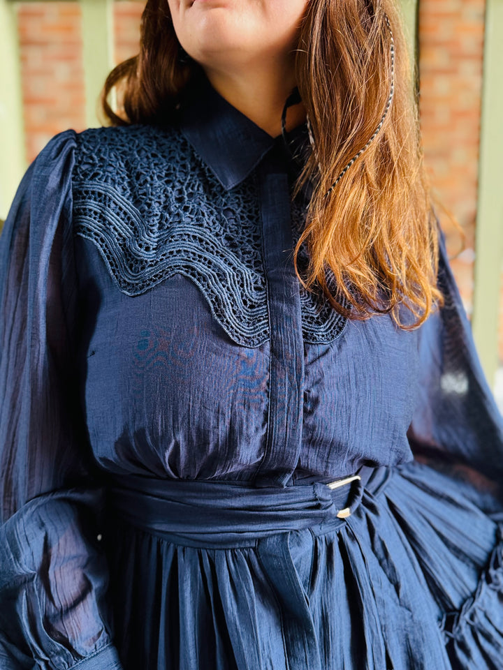Flirty Crinkle Fabric Tiered Mini Shirt Dress - Navy