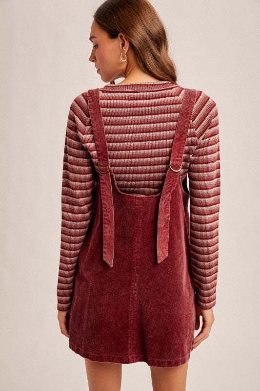 Corduroy Pinafore Overall Dress- Raspberry