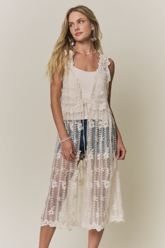 Wildflower Longline Lace Vest- Beige