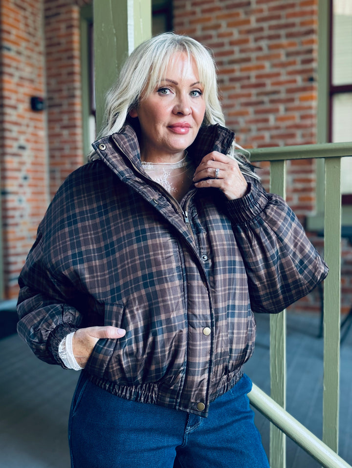 Plaid Snap  Front Puffer Jacket