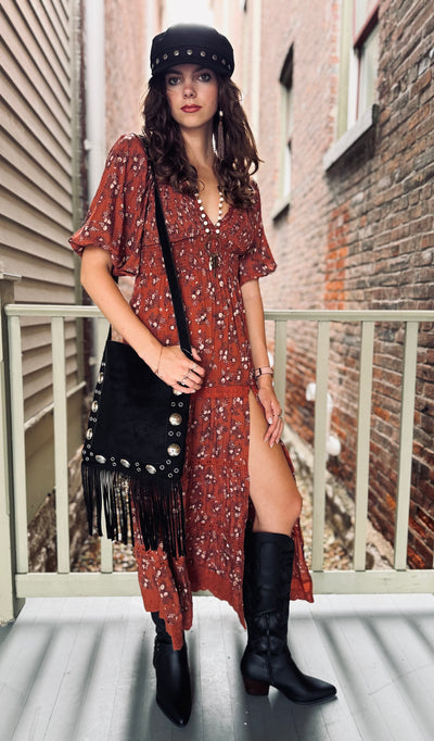 Cinnamon Patch V-Neck Dress