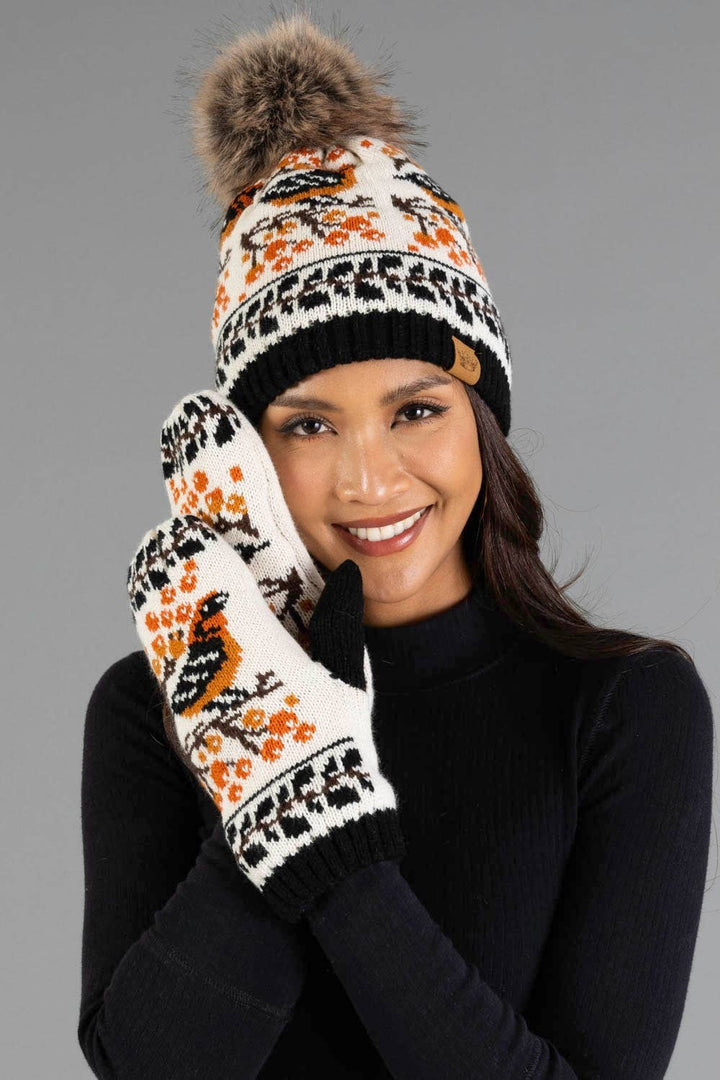 Black &amp; Cream Bird Pattern Knit Mittens