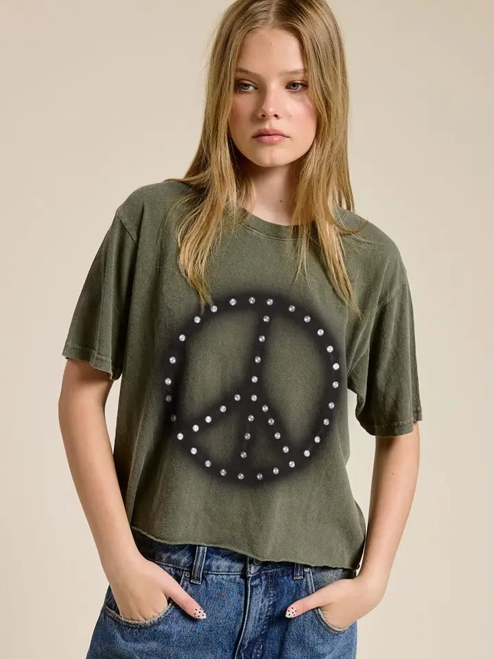 Puff Brushed Peace Sign Cropped T-Shirt