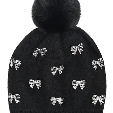 All Over Mini Rhinestone Bow Pom Beanie
