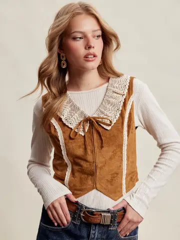 Western Lace Trim Camel Vest
