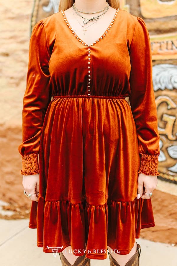 Rust Velvet Vintage Ruffle Hem Studded Dress
