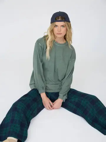 Fall Washed Crew Neck Long Sleeve Top - Dusty Green