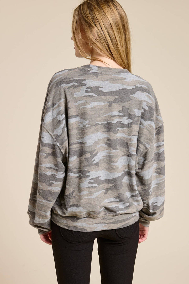 Camo Puff Peace Sign Long Sleeve Top