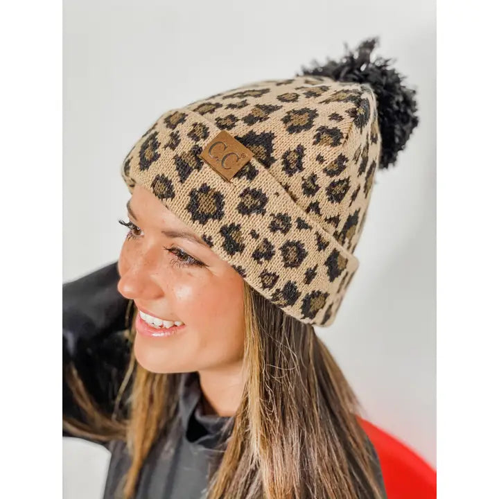 Leopard Pom Pom Cuff Beanie
