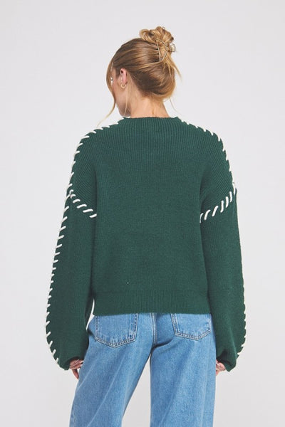Forest & White Stitched Mock Neck Sweater