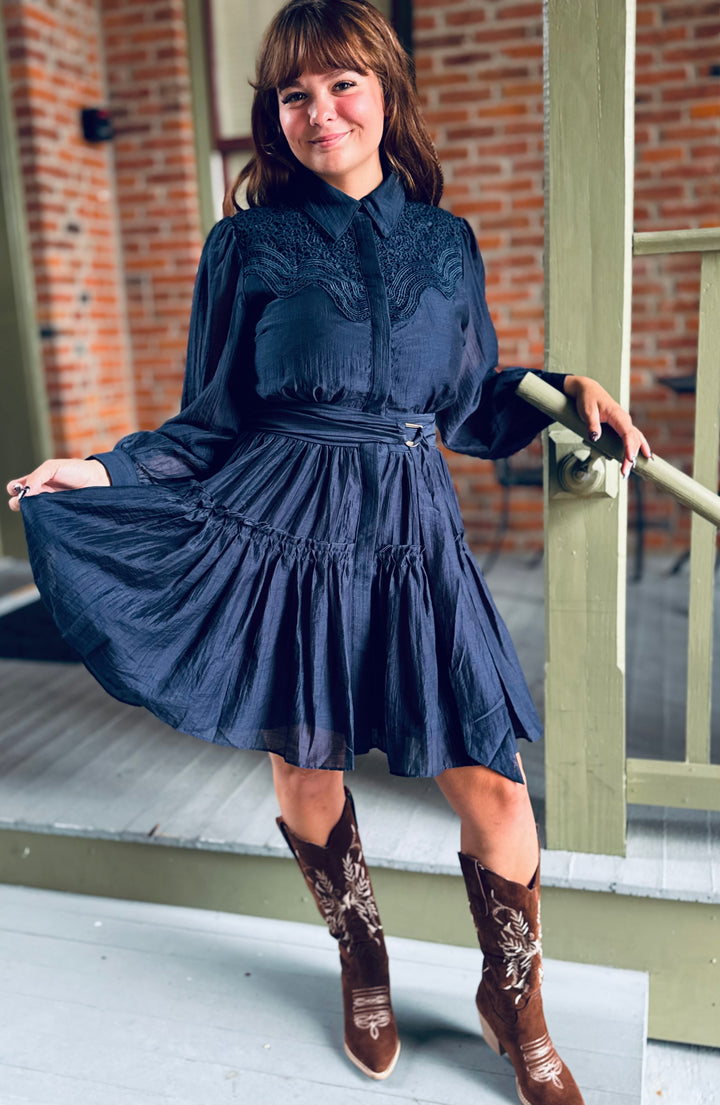 Flirty Crinkle Fabric Tiered Mini Shirt Dress - Navy