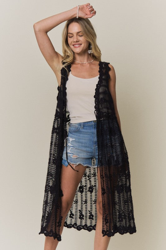 Wildflower Longline Lace Vest- Black