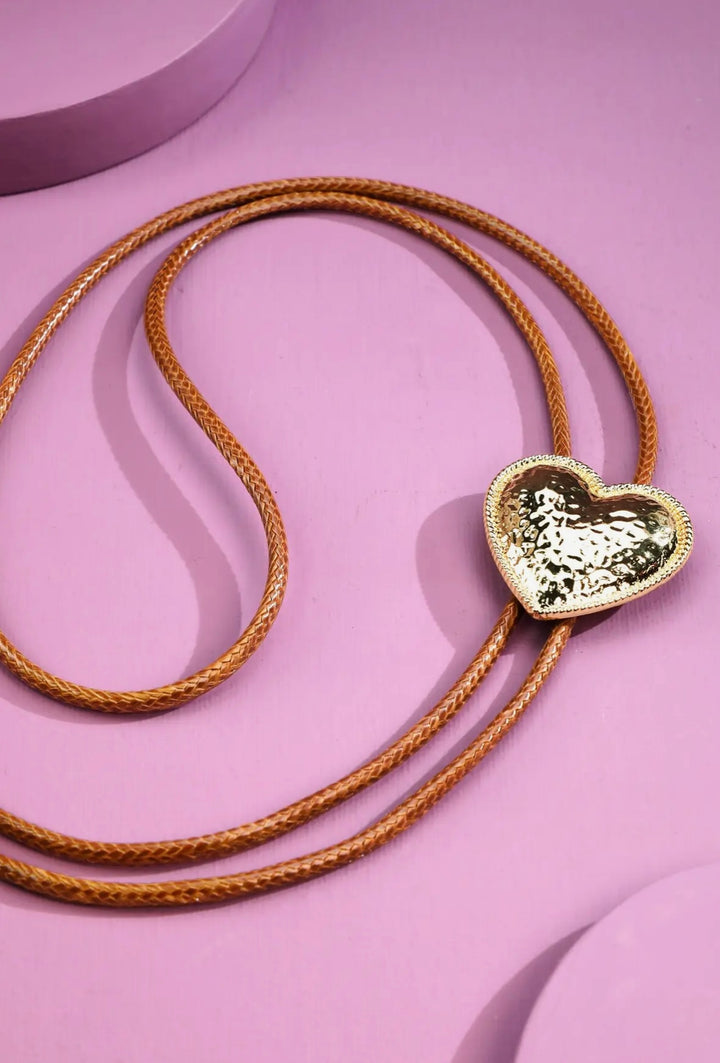 Hammered Heart Brown Cord Bolo