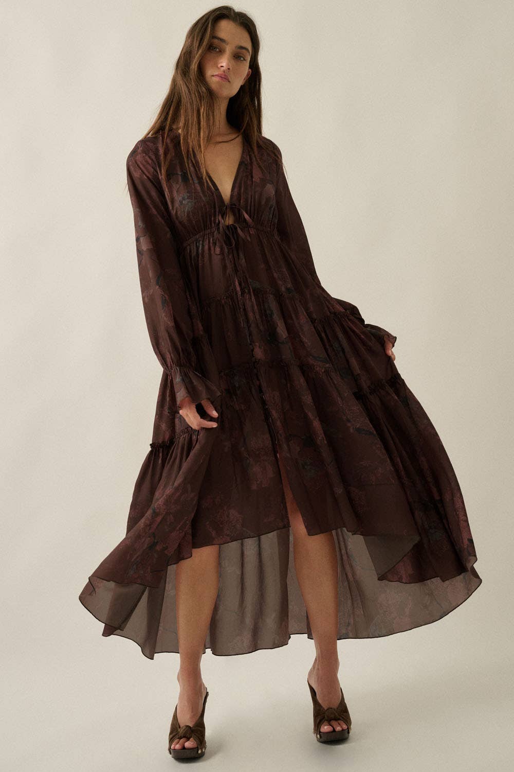Mulberry Floral Chiffon Ruffled High-Low Midi Duster