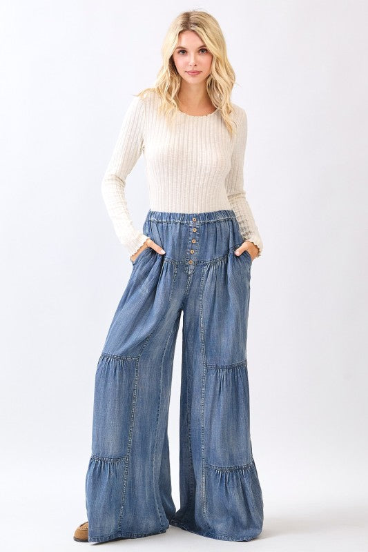 Denim Chambray Tiered Pants
