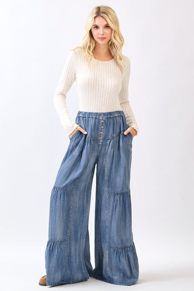 Denim Chambray Tiered Pants