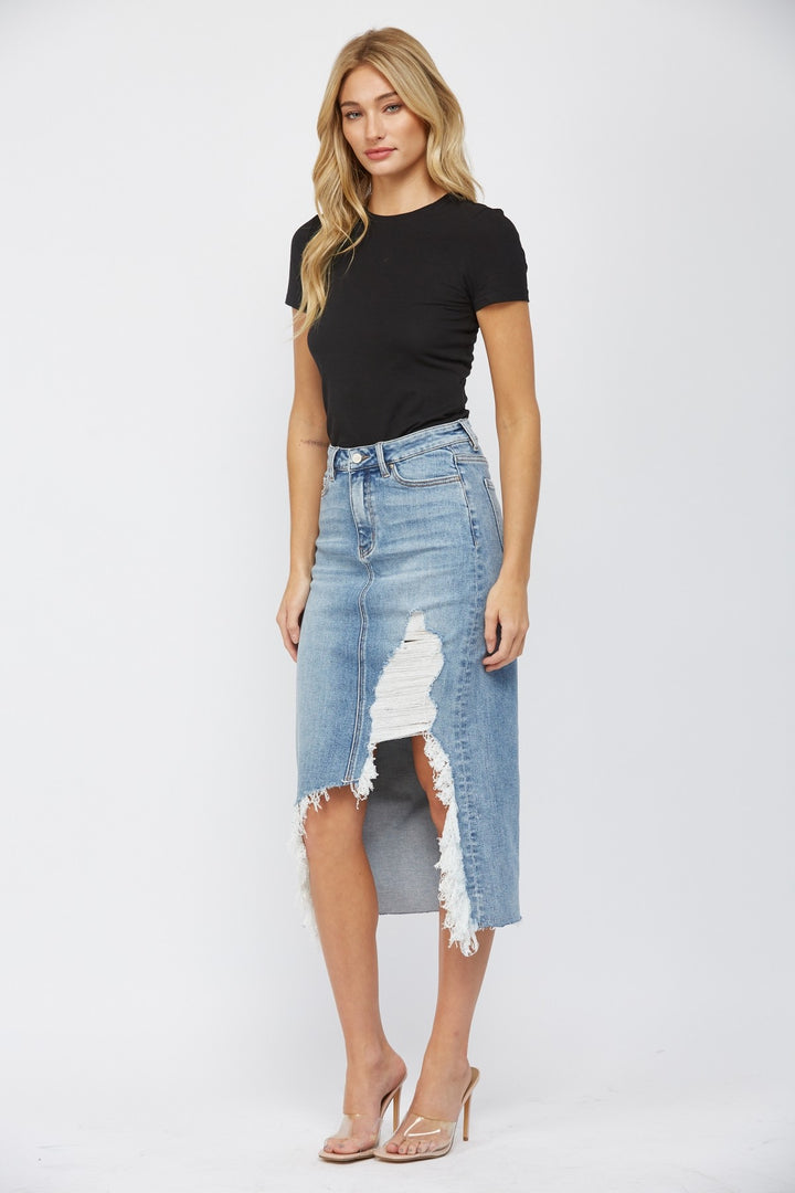 Distressed Denim Midi Skirt