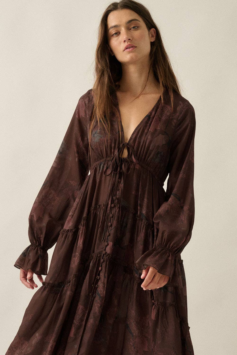 Mulberry Floral Chiffon Ruffled High-Low Midi Duster