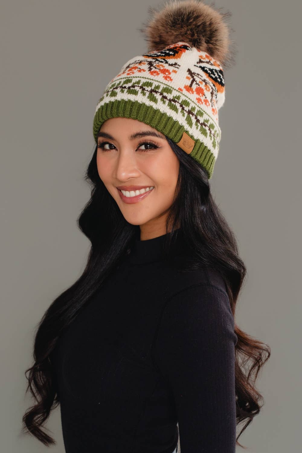 Olive &amp; Cream Bird Pattern Knit Pom Hat
