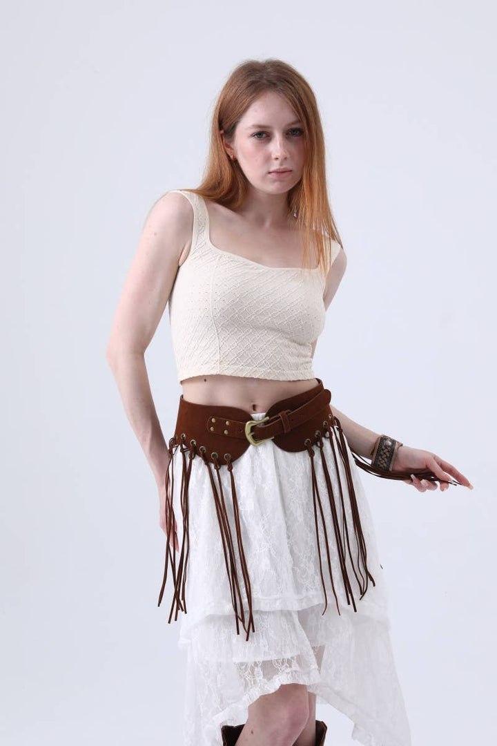 Western Style Fringe Embellished Suede Corset Belt: Brown