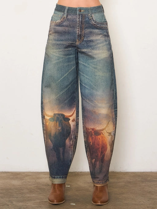 Long Horn Digital Print Baggy Jeans
