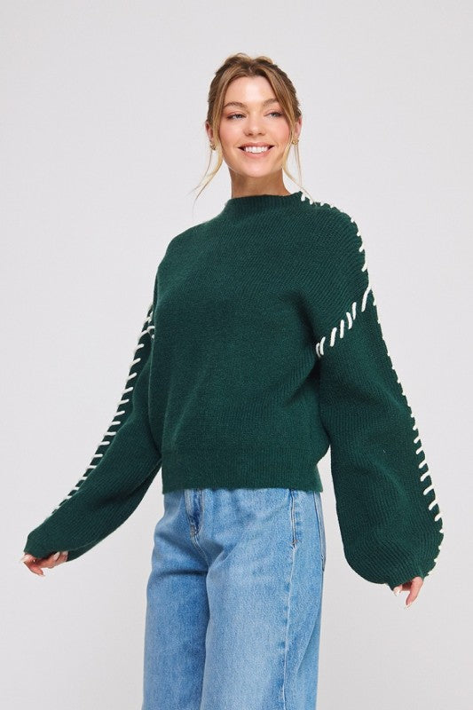 Forest & White Stitched Mock Neck Sweater
