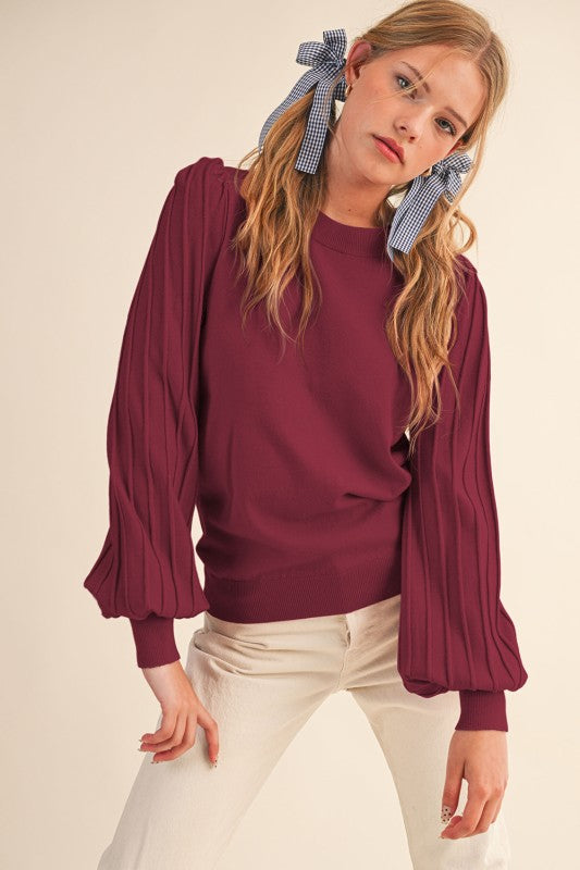 Classic Stripe Sleeve Sweater- Wine