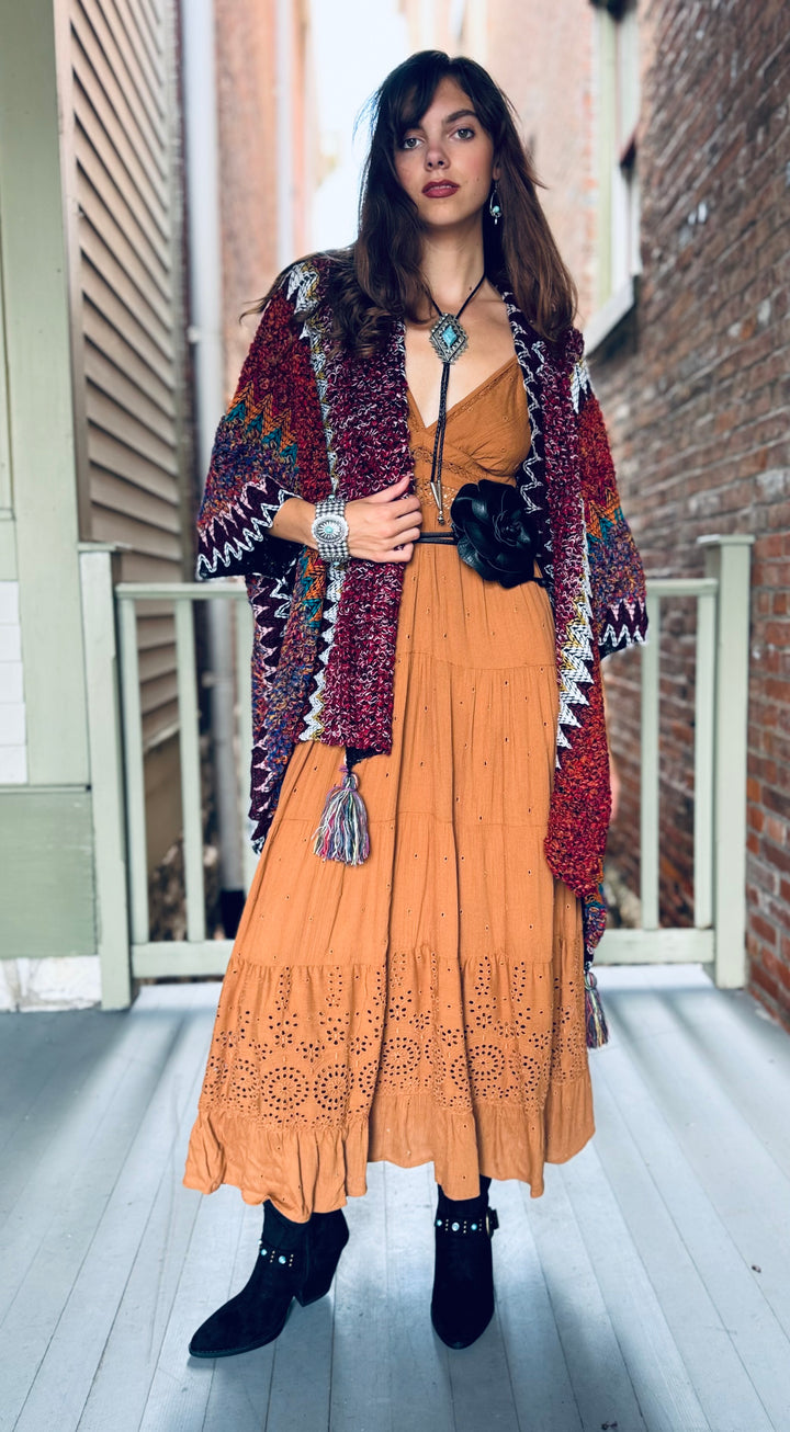 Maroon Crochet Ruana Tassel Cardigan