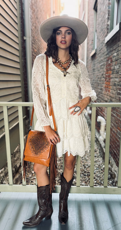Tiered Scallop Embroidered Mini Dress-Ivory