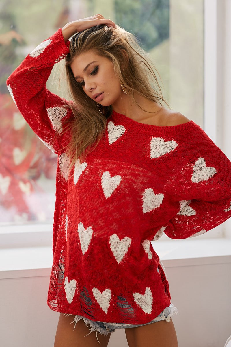 Distressed Hearts Red Sweater