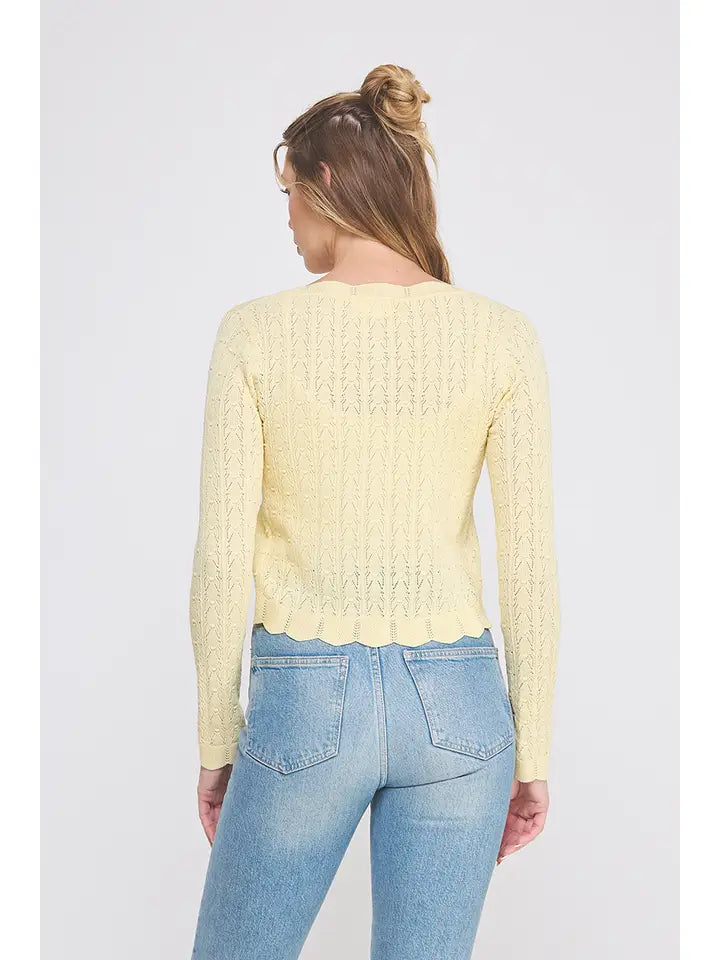 Soft Yellow Pointelle Scalloped Cardigan