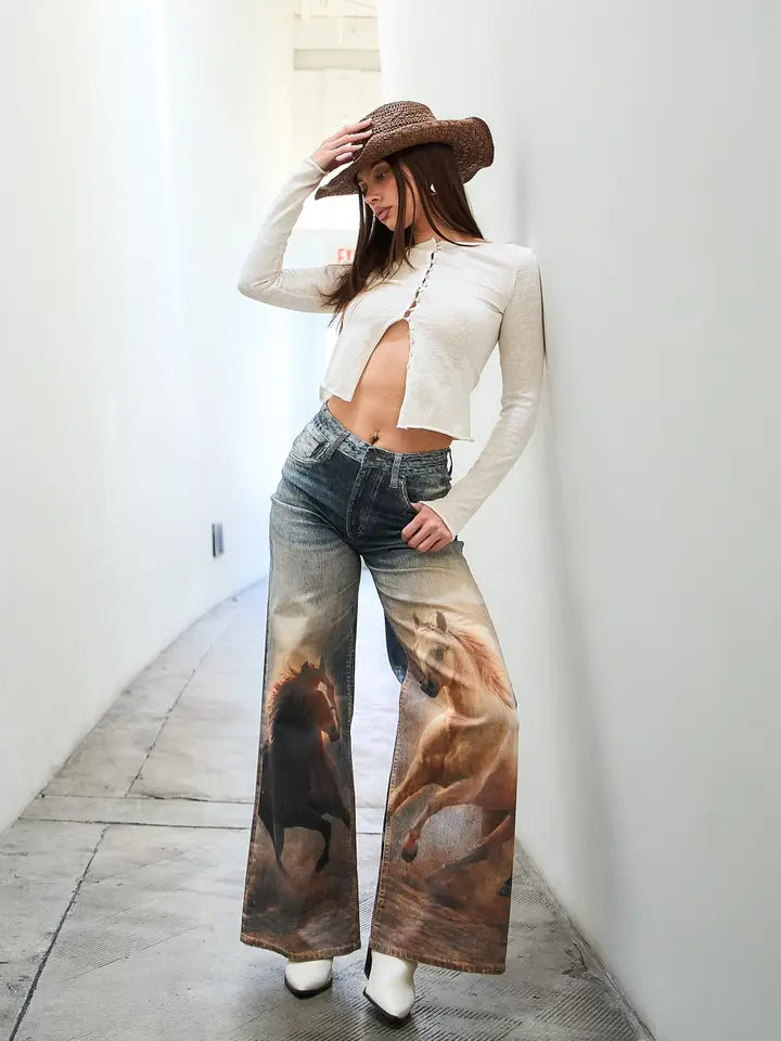 White Horse Wide Leg Digital Print Jeans
