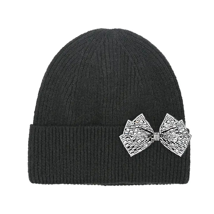 Rhinestone Off Centered Bow Beanie