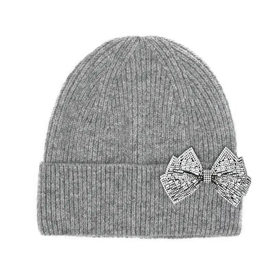 Rhinestone Off Centered Bow Beanie