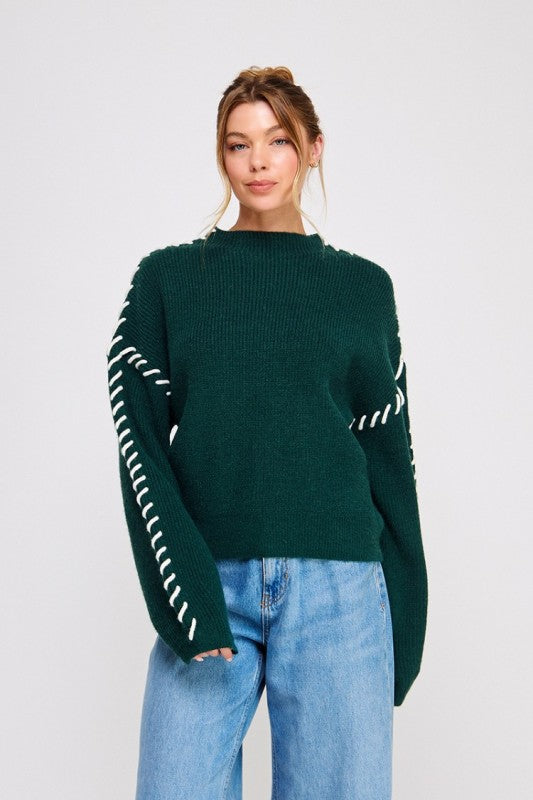 Forest & White Stitched Mock Neck Sweater