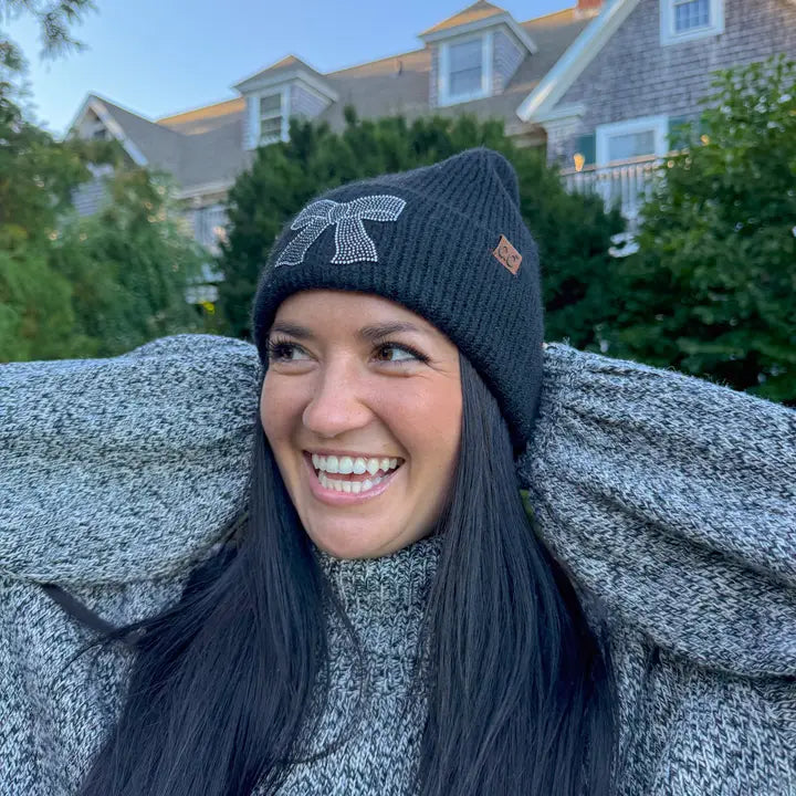 Rhinestone Ribbon Embellishment Beanie