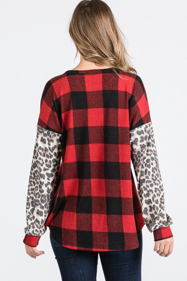Buffalo Plaid & Leopard Sleeve Top
