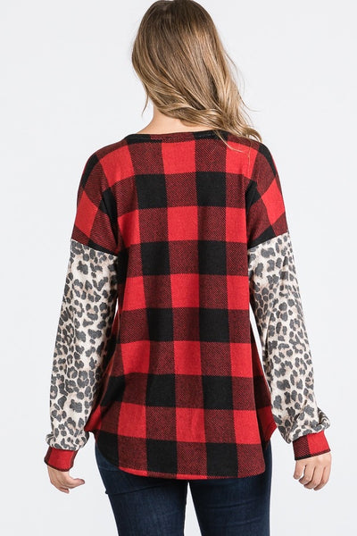 Buffalo Plaid & Leopard Sleeve Top