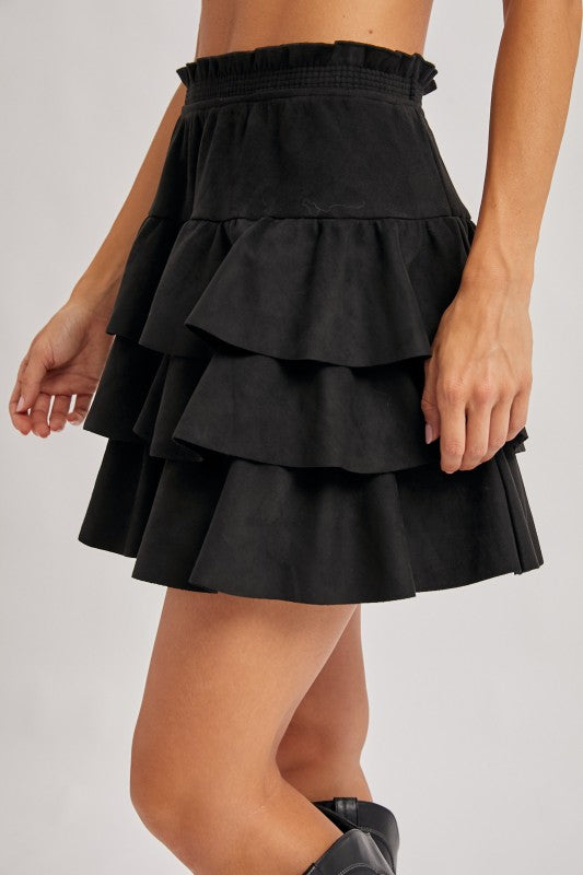 Faux Suede Ruffle Paperbag Skirt (black)