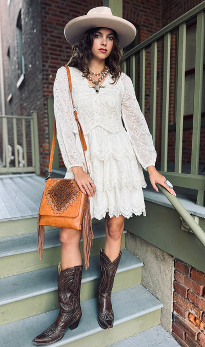 Tiered Scallop Embroidered Mini Dress-Ivory