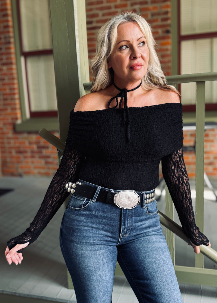 Black Lace Off-Shoulder Long-Sleeve Bodysuit
